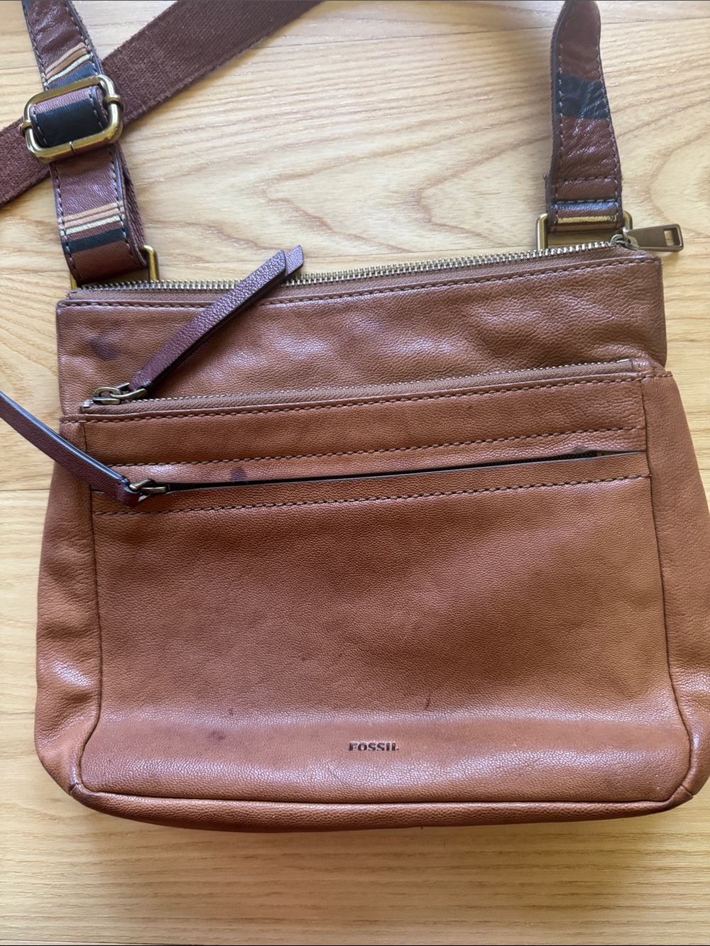 Fossil Brown Leather Crossbody Bag Multi Zip Organizer Purse - Picture 3 of 12